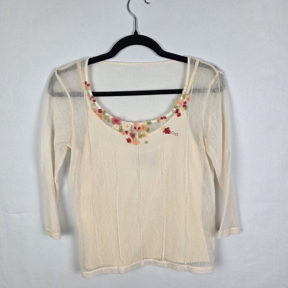 City DKNY Y2K 2000s Cream Sheer Embellished Feminine Top Size Small Floral Twee